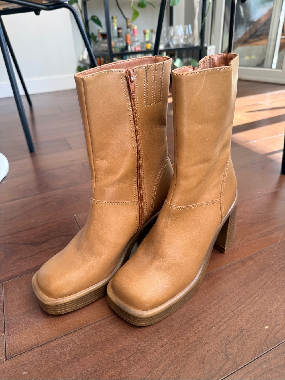 Fantsie Tan Leather Platform Mid-Calf Boots